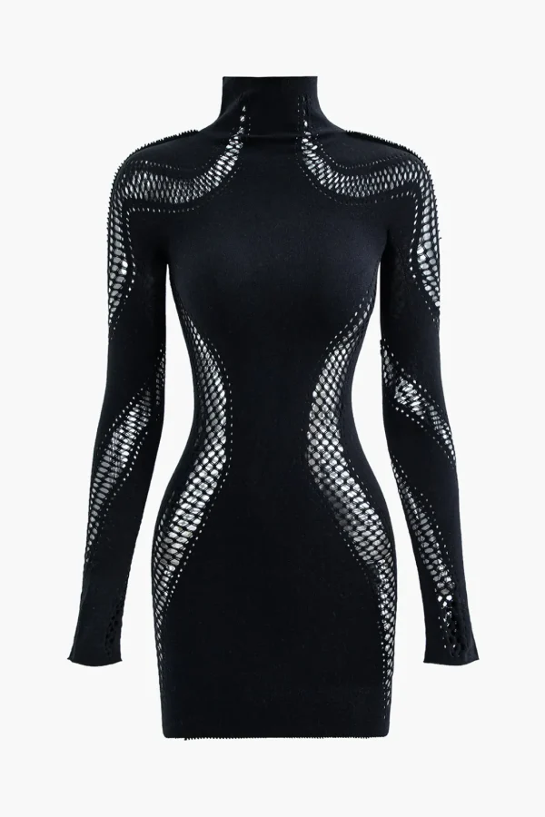 Turtleneck Cut Out Long Sleeve Mini Dress>MICAS Fashion
