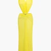 V-neck Backless Ring Halter Maxi Dress>MICAS Discount