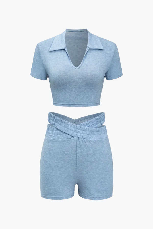 V-neck Cropped Top And Double Waistband Shorts Set>MICAS Fashion