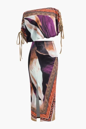 Abstract Floral Print Long Sleeve Top And Midi Skirt Set>MICAS Discount