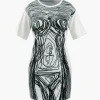 Abstract Line Print Short Sleeve Mini Dress>MICAS New