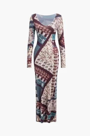 Abstract Patchwork Printed Long Sleeve Maxi Dress>MICAS Best