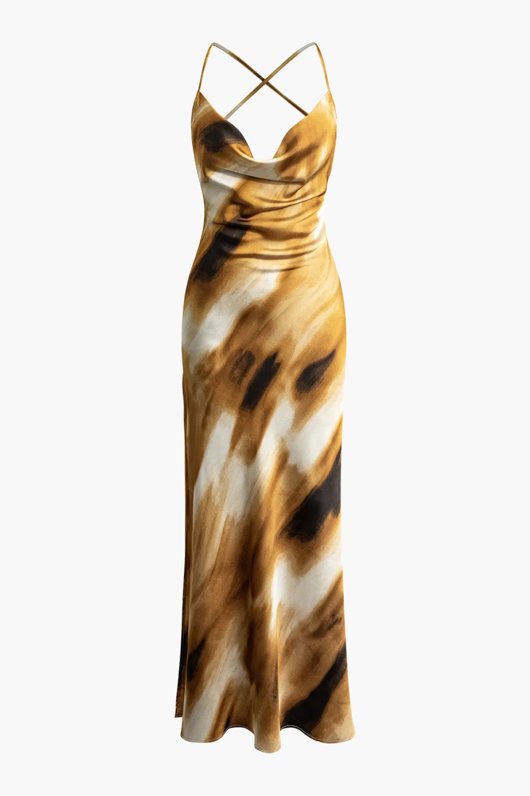 Abstract Print Cowl Neck Backless Slit Slip Maxi Dress>MICAS New