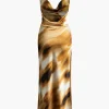 Abstract Print Cowl Neck Backless Slit Slip Maxi Dress>MICAS New