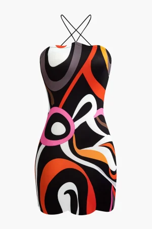 Abstract Print Cross Strap Mini Dress>MICAS Outlet