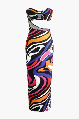 Abstract Print Cut Out Strapless Maxi Dress>MICAS Best