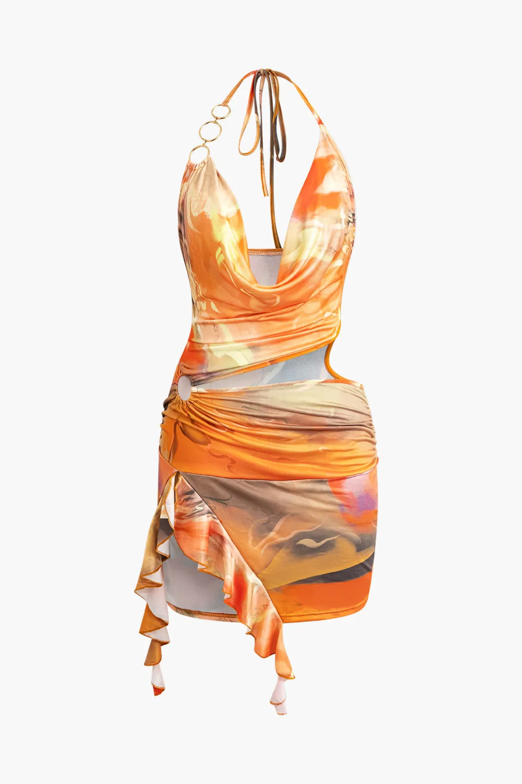 Abstract Print Halter Cowl Neck Slit Mini Dress>MICAS New