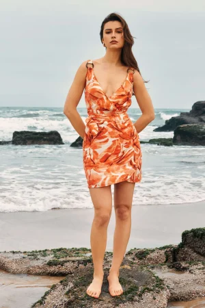 Abstract Print Knot V-Neck Mini Dress>MICAS Hot