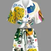 Abstract Print Knot-Front Shirt And Drawstring Shorts Set>MICAS New