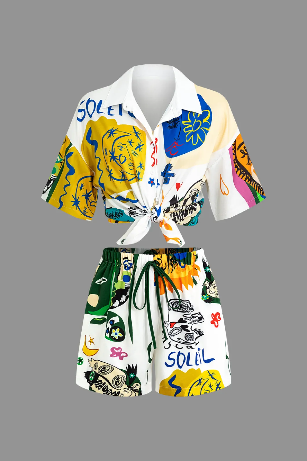 Abstract Print Knot-Front Shirt And Drawstring Shorts Set>MICAS New