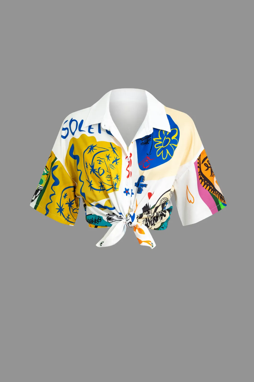 Abstract Print Knot-Front Shirt And Drawstring Shorts Set>MICAS New