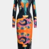 Abstract Print Long Sleeve Bodycon Midi Dress>MICAS Sale
