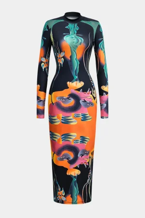Abstract Print Long Sleeve Bodycon Midi Dress>MICAS Sale