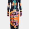 Abstract Print Long Sleeve Bodycon Midi Dress>MICAS Sale