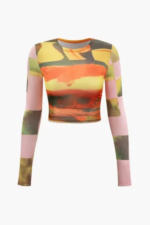 Abstract Print Long Sleeve Crop Top>MICAS Sale