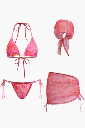 Abstract Print Mesh Four-Piece Swimsuit Set>MICAS Best