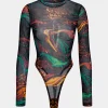 Abstract Print Mesh Long Sleeve Bodysuit>MICAS Fashion