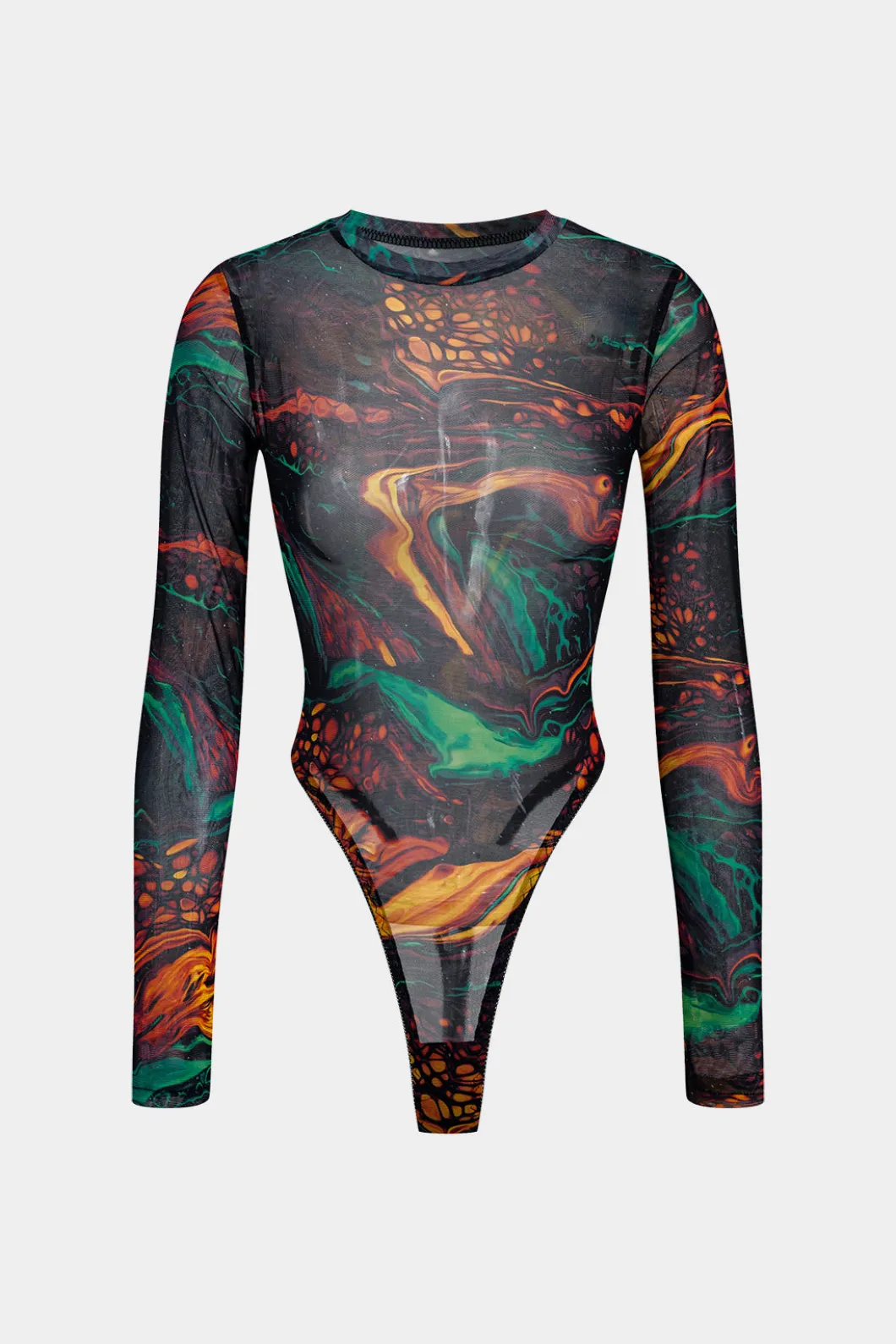 Abstract Print Mesh Long Sleeve Bodysuit>MICAS Fashion