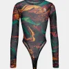 Abstract Print Mesh Long Sleeve Bodysuit>MICAS Fashion