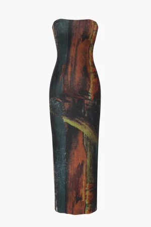 Abstract Print Mesh Strapless Midi Dress>MICAS Sale