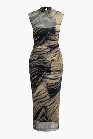 Abstract Print Mock Neck Mesh Ruched Sleeveless Maxi Dress>MICAS Hot
