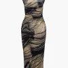 Abstract Print Mock Neck Mesh Ruched Sleeveless Maxi Dress>MICAS Hot