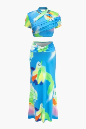 Abstract Print Ruched Round Neck Skirt Set>MICAS New