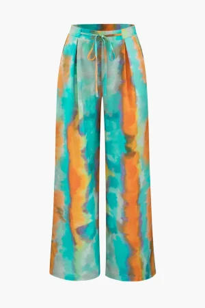 Abstract Print Satin Tie Waist Wide Leg Pants>MICAS Fashion