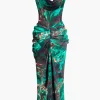 Abstract Print Spaghetti Strap Ruched Side Slit Midi Dress>MICAS Best