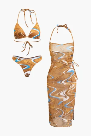 Abstract Print Tie Halter Bikini And Slit Midi Dress Swimsuit Set>MICAS Online