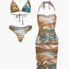 Abstract Print Tie Halter Bikini And Slit Midi Dress Swimsuit Set>MICAS Online