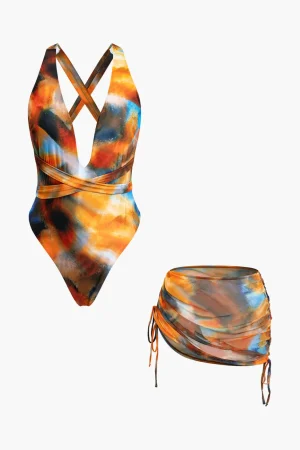 Abstract Print V-neck Cross Back Tie Swimsuit And Mesh Mini Sarong Skirt Set>MICAS Hot