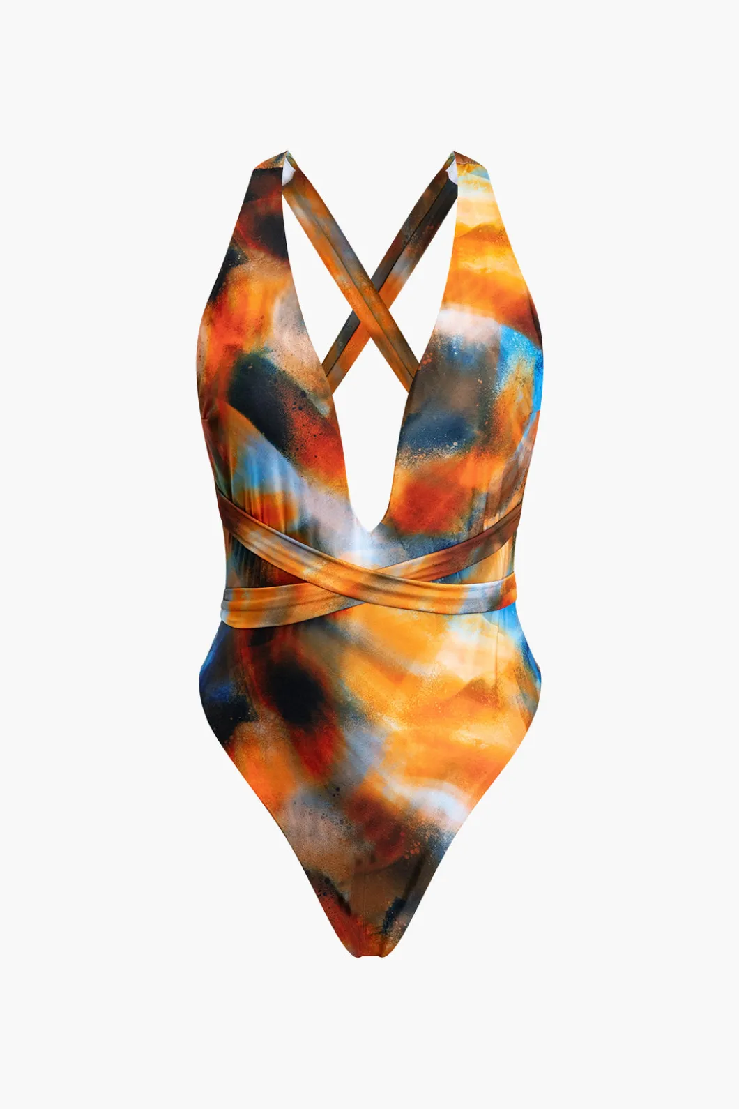 Abstract Print V-neck Cross Back Tie Swimsuit And Mesh Mini Sarong Skirt Set>MICAS Hot