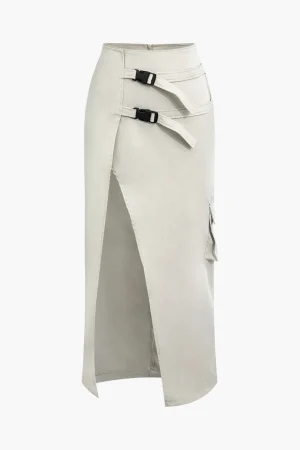 Asymmetric Belted Flap Pocket Split Maxi Skirt>MICAS Hot