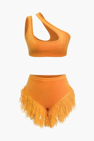 Asymmetric Crop Top And Fringe Shorts Set>MICAS Outlet