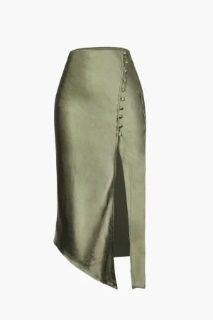 Asymmetric Hem Slit Button Deco Skirt>MICAS Outlet