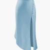 Asymmetric Hem Slit Button Deco Skirt>MICAS Outlet