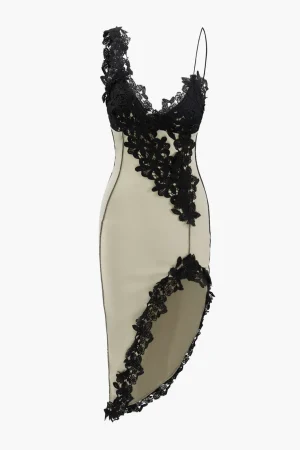 Asymmetric Lace Panel Midi Dress>MICAS Online