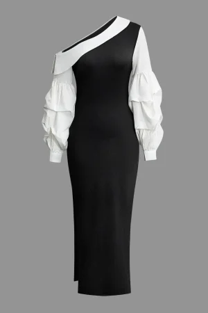 Asymmetric Lantern Sleeve Slit Midi Dress>MICAS Hot