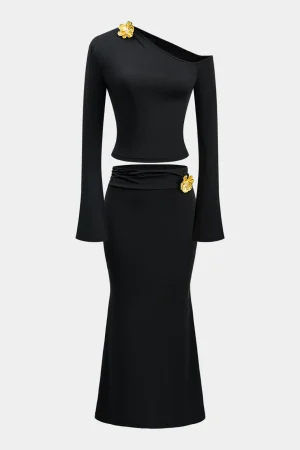 Asymmetric Metal Floral Decor Top And Skirt Set>MICAS Sale