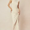 Asymmetric Ruched Drawstring Slit Sleeveless Maxi Dress>MICAS Best