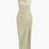 Asymmetric Ruched Drawstring Slit Sleeveless Maxi Dress>MICAS Best