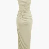 Asymmetric Ruched Drawstring Slit Sleeveless Maxi Dress>MICAS Best