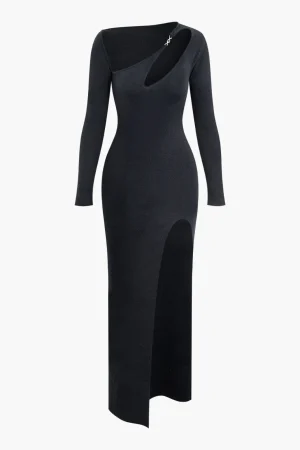 Asymmetrical Cut Out Long Sleeve Slit Knit Maxi Dress>MICAS Sale