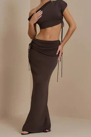 Asymmetrical Drawstring Short Sleeve Crop Top And Maxi Skirt Set>MICAS Outlet