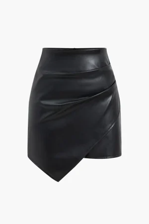Asymmetrical Faux Leather Ruched Skirt>MICAS Outlet