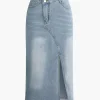 Asymmetrical Frayed Hem Slit Denim Midi Skirt>MICAS Online