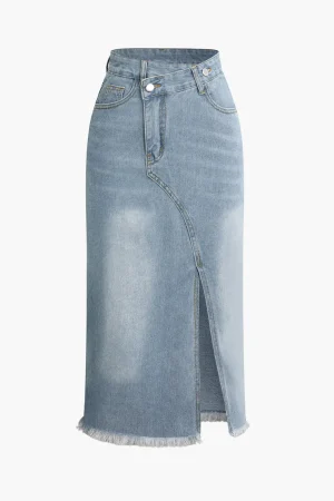 Asymmetrical Frayed Hem Slit Denim Midi Skirt>MICAS Online