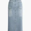 Asymmetrical Frayed Hem Slit Denim Midi Skirt>MICAS Online