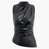 Asymmetrical Hem Faux Leather Mock Neck Ruched Sleeveless Top>MICAS Clearance